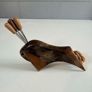 Vintage MCM Wooden Bull Cocktail Fork Holder -  Hand Carved Barware Spain 1960s